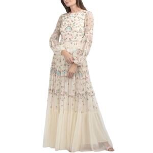 Mac Duggal Long Sleeve Floral Embroidered Maxi Dress Cream Mesh Tulle Gown Sz 12